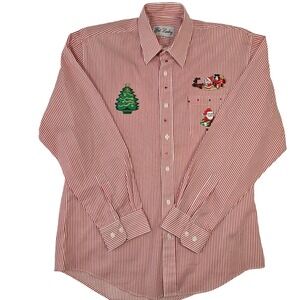 Get Lucky Vintage Christmas Button Down Shirt Red White Stripe Embroidery Mens M